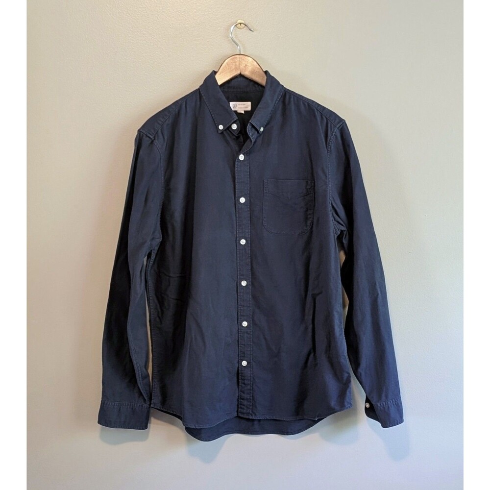 Gap Mens Large Standard Stretch Button Down Shirt Navy Blue Long Sleeve Cotton